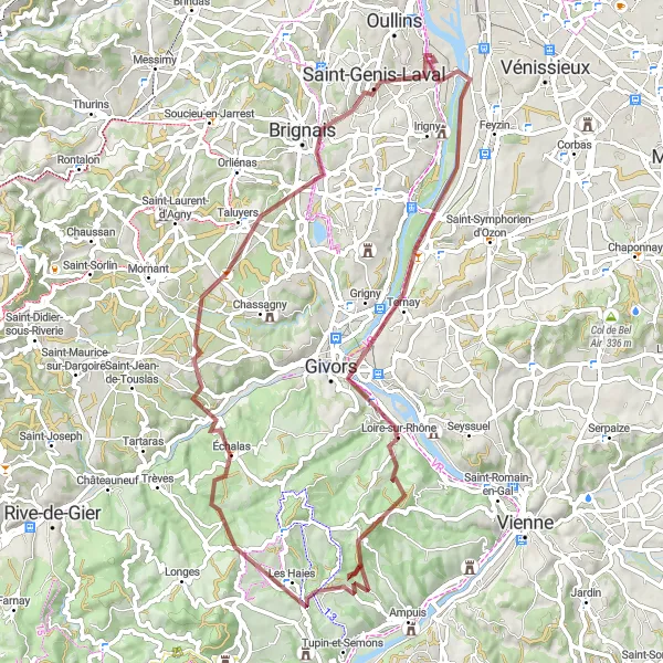 Map miniature of "Givors to Saint-Andéol-le-Château Gravel Adventure" cycling inspiration in Rhône-Alpes, France. Generated by Tarmacs.app cycling route planner