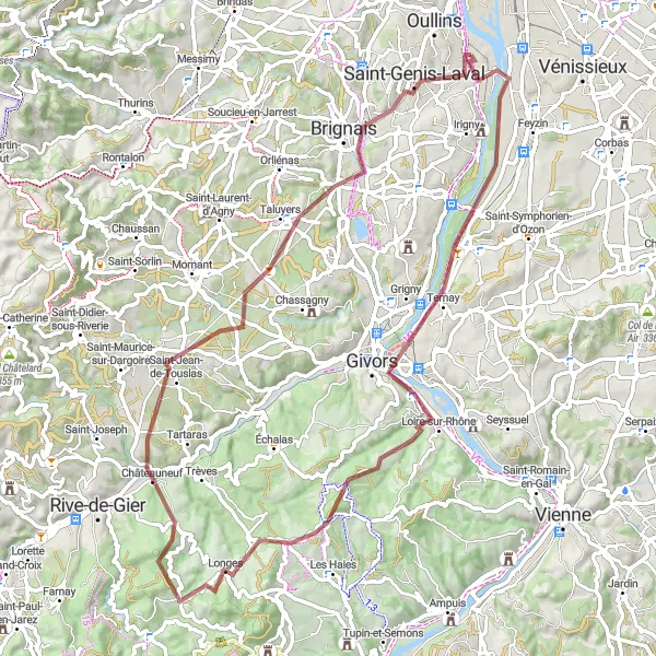 Map miniature of "Givors to Saint-Jean-de-Touslas Gravel Adventure" cycling inspiration in Rhône-Alpes, France. Generated by Tarmacs.app cycling route planner