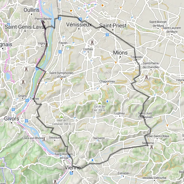 Miniatuurkaart van de fietsinspiratie "Historische en natuurlijke hoogtepunten rond Vienne" in Rhône-Alpes, France. Gemaakt door de Tarmacs.app fietsrouteplanner