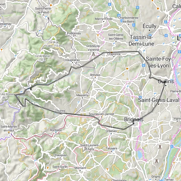Mapa miniatúra "Jazda na ceste Brignais - Soucieu-en-Jarrest - Thurins - Crêt de la Madonne - Francheville" cyklistická inšpirácia v Rhône-Alpes, France. Vygenerované cyklistickým plánovačom trás Tarmacs.app
