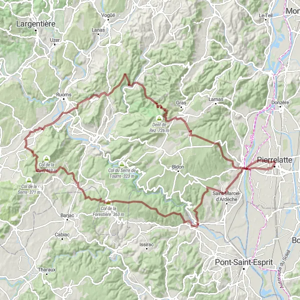 Miniature de la carte de l'inspiration cycliste "Les Rochers de Castelviel et la Dent de Rez" dans la Rhône-Alpes, France. Générée par le planificateur d'itinéraire cycliste Tarmacs.app
