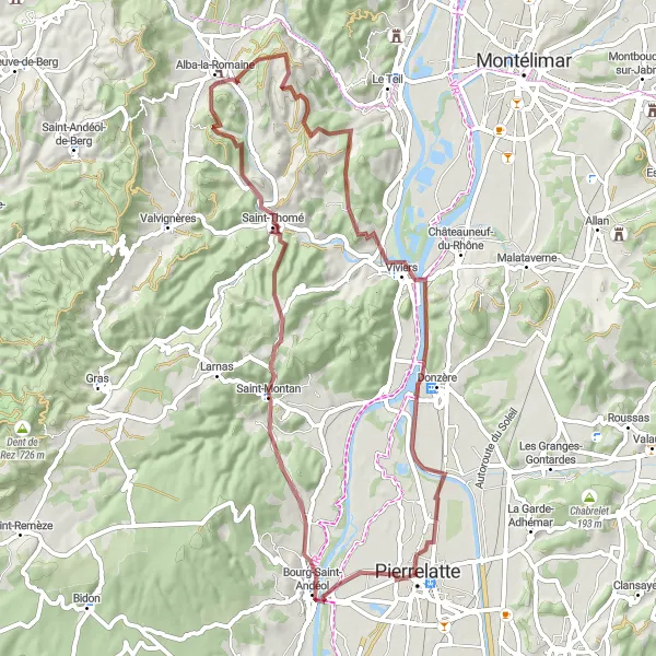 Kartminiatyr av "Grusvägar runt Pierrelatte" cykelinspiration i Rhône-Alpes, France. Genererad av Tarmacs.app cykelruttplanerare