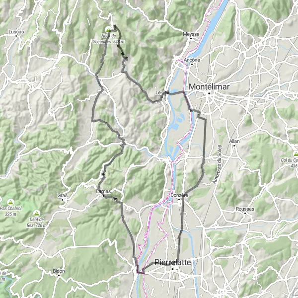 Miniatua del mapa de inspiración ciclista "Ruta en Carretera a través de Rhône-Alpes" en Rhône-Alpes, France. Generado por Tarmacs.app planificador de rutas ciclistas