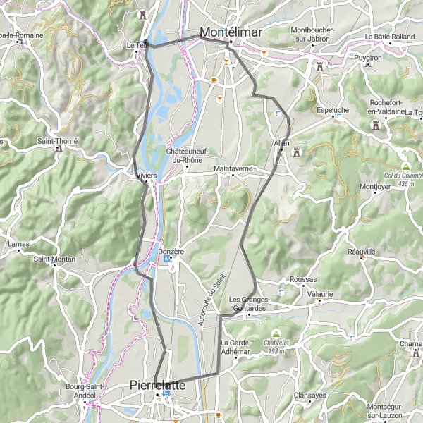 Map miniature of "Joannade and Les Granges-Gontardes" cycling inspiration in Rhône-Alpes, France. Generated by Tarmacs.app cycling route planner