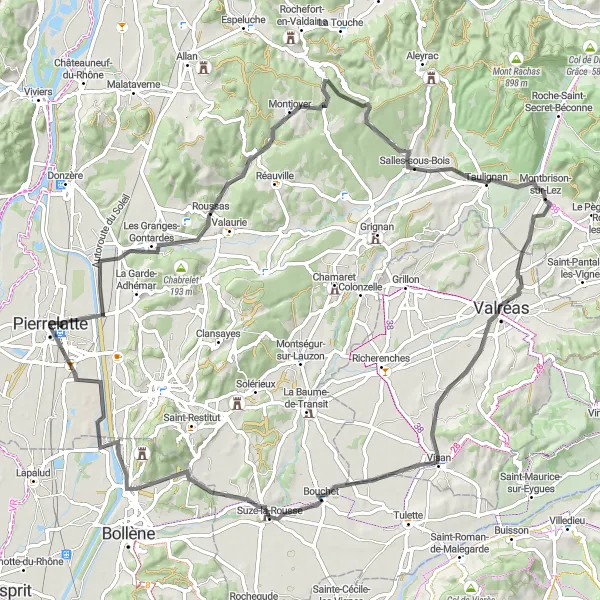 Kartminiatyr av "Vägcykling runt Pierrelatte" cykelinspiration i Rhône-Alpes, France. Genererad av Tarmacs.app cykelruttplanerare