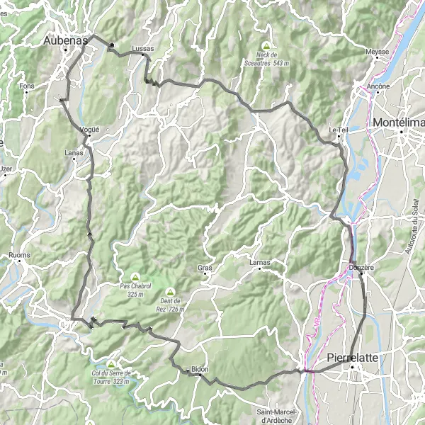 Miniatua del mapa de inspiración ciclista "Recorrido de 116 km desde Pierrelatte" en Rhône-Alpes, France. Generado por Tarmacs.app planificador de rutas ciclistas