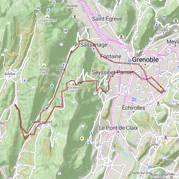 Map miniature of "Vercors Gravel Adventure" cycling inspiration in Rhône-Alpes, France. Generated by Tarmacs.app cycling route planner