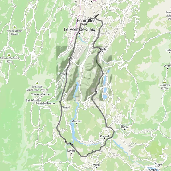Miniatua del mapa de inspiración ciclista "Ruta en Carretera a Vizille" en Rhône-Alpes, France. Generado por Tarmacs.app planificador de rutas ciclistas