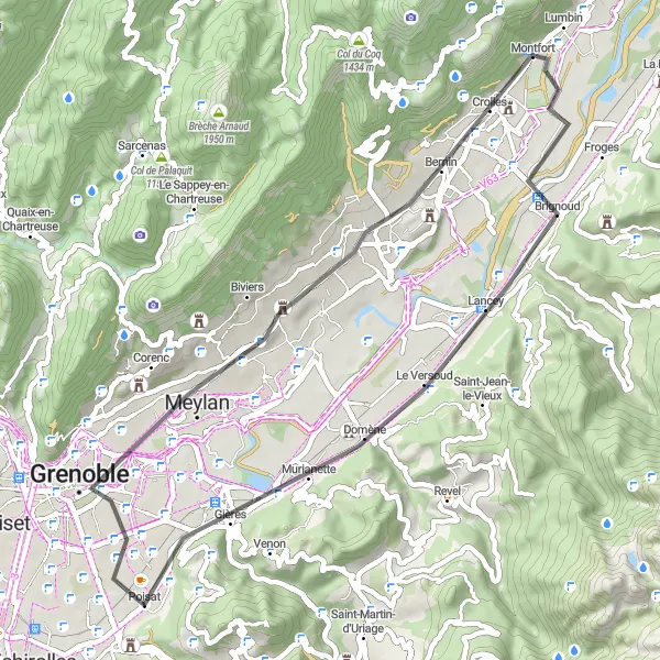 Map miniature of "Grenoble Circuit" cycling inspiration in Rhône-Alpes, France. Generated by Tarmacs.app cycling route planner