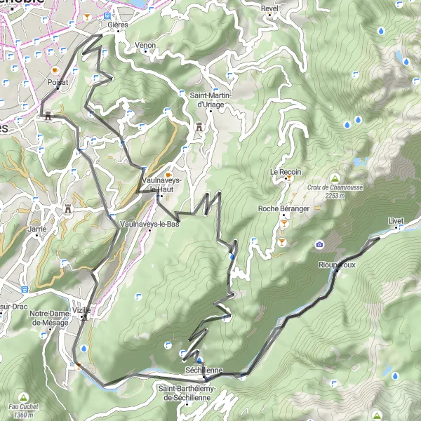 Miniatua del mapa de inspiración ciclista "Ruta en Carretera por Gières y Vizille" en Rhône-Alpes, France. Generado por Tarmacs.app planificador de rutas ciclistas