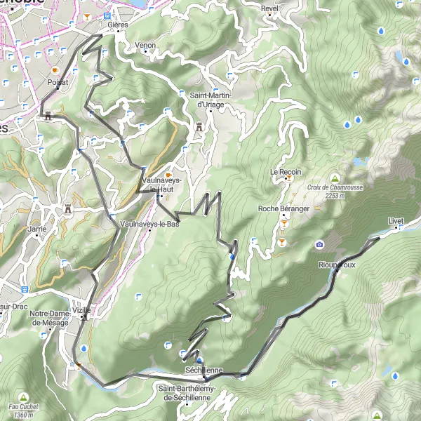 Miniaturekort af cykelinspirationen "Vizille og Chartreuse Circuit" i Rhône-Alpes, France. Genereret af Tarmacs.app cykelruteplanlægger