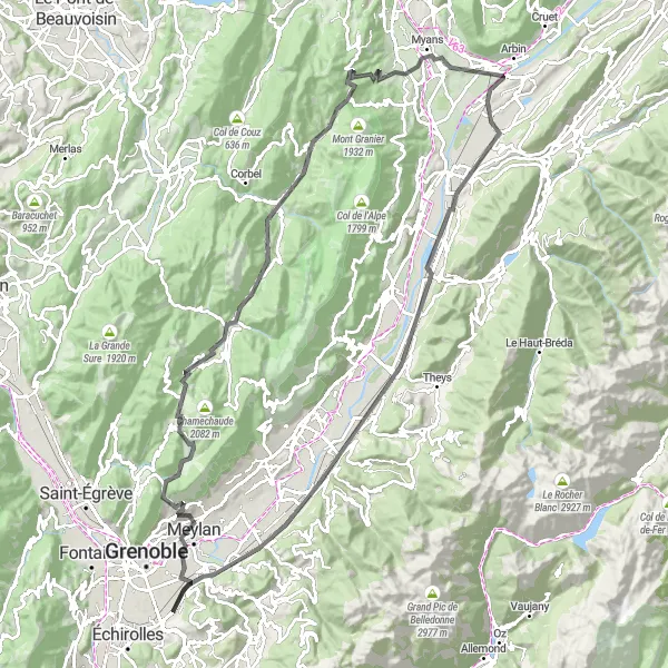 Zemljevid v pomanjšavi "Vrhunska kolesarska avantura po gričih" kolesarske inspiracije v Rhône-Alpes, France. Generirano z načrtovalcem kolesarskih poti Tarmacs.app