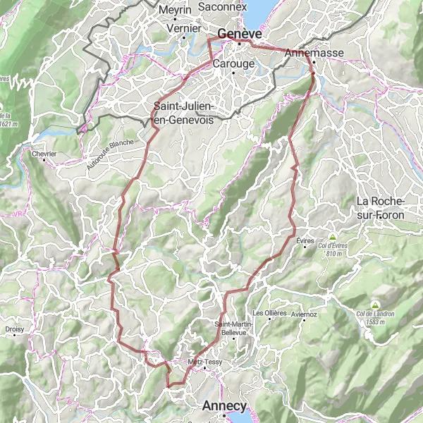 Miniature de la carte de l'inspiration cycliste "Aventure dans les Alpes aux environs de Genève" dans la Rhône-Alpes, France. Générée par le planificateur d'itinéraire cycliste Tarmacs.app