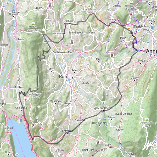 Mapa miniatúra "Cyklotrasa okolo Poisy - Montagny-les-Lanches" cyklistická inšpirácia v Rhône-Alpes, France. Vygenerované cyklistickým plánovačom trás Tarmacs.app