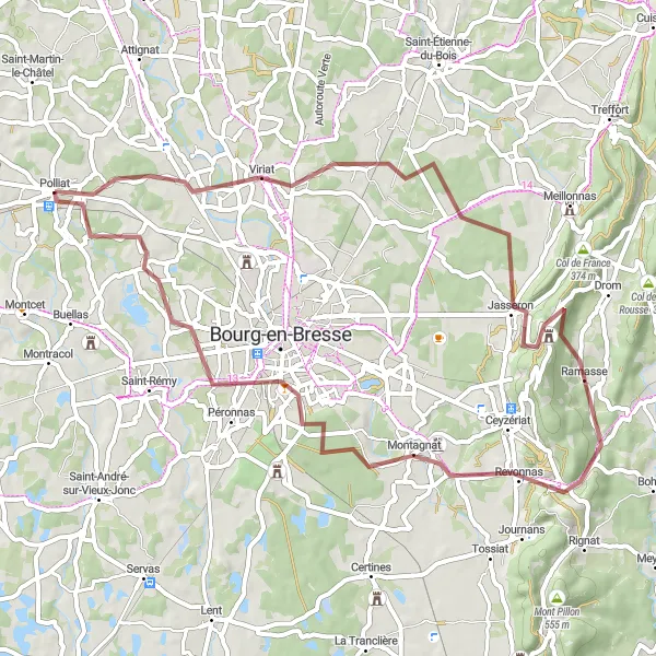 Miniatua del mapa de inspiración ciclista "Ruta por caminos de gravilla en Polliat" en Rhône-Alpes, France. Generado por Tarmacs.app planificador de rutas ciclistas