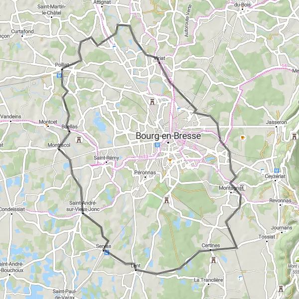 Miniatua del mapa de inspiración ciclista "Recorrido escénico por carretera desde Polliat" en Rhône-Alpes, France. Generado por Tarmacs.app planificador de rutas ciclistas