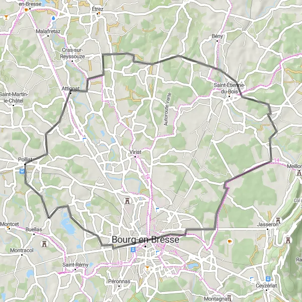 Miniatuurkaart van de fietsinspiratie "Korte route van Polliat naar Les Jomins" in Rhône-Alpes, France. Gemaakt door de Tarmacs.app fietsrouteplanner