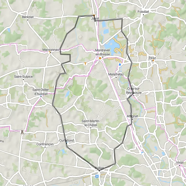 Miniatua del mapa de inspiración ciclista "Ruta escénica a través de Marsonnas y Attignat" en Rhône-Alpes, France. Generado por Tarmacs.app planificador de rutas ciclistas