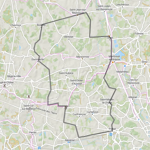 Kartminiatyr av "Utmanande Vägcykling till Saint-Martin-le-Châtel" cykelinspiration i Rhône-Alpes, France. Genererad av Tarmacs.app cykelruttplanerare