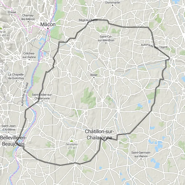 Miniature de la carte de l'inspiration cycliste "Bike Road From Polliat to Bâgé-la-Ville" dans la Rhône-Alpes, France. Générée par le planificateur d'itinéraire cycliste Tarmacs.app