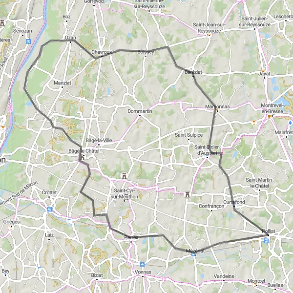 Kartminiatyr av "Rundtur från Polliat till Mézériat" cykelinspiration i Rhône-Alpes, France. Genererad av Tarmacs.app cykelruttplanerare