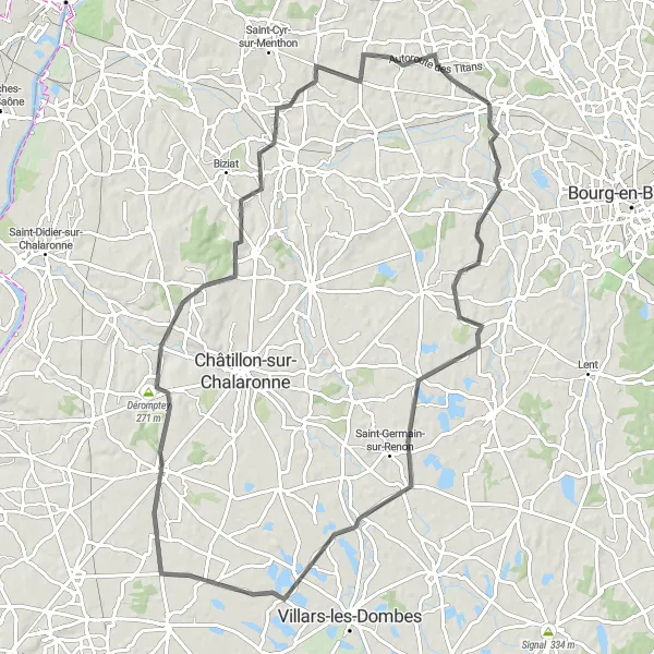 Zemljevid v pomanjšavi "Pustolovščina po slikoviti pokrajini Oltne" kolesarske inspiracije v Rhône-Alpes, France. Generirano z načrtovalcem kolesarskih poti Tarmacs.app