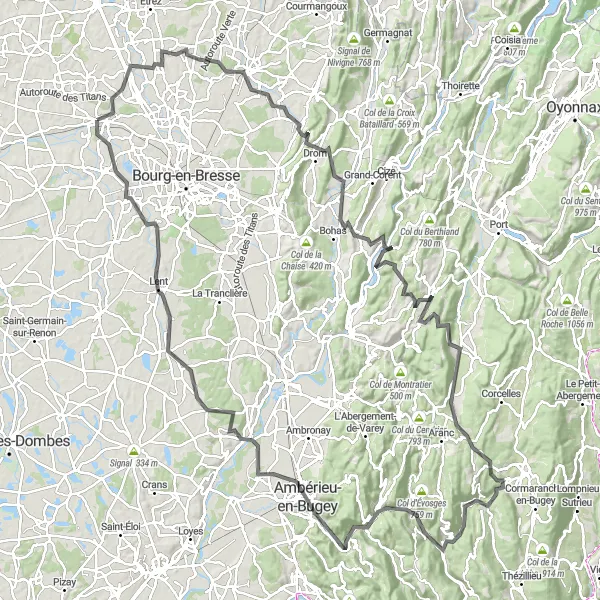 Mapa miniatúra "Náročná cyklotrasa cez Attignat, Meillonnas, Col de France, Serrières-sur-Ain, Vieu-d'Izenave, Col de la Berche, Chaley, Bettant, Dompierre-sur-Veyle a Château de la Teyssonnière" cyklistická inšpirácia v Rhône-Alpes, France. Vygenerované cyklistickým plánovačom trás Tarmacs.app