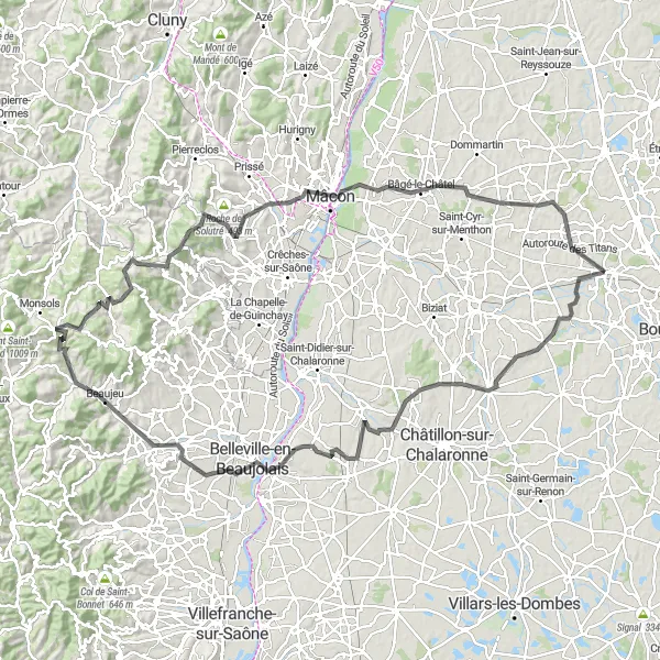 Miniaturní mapa "Okružní cesta kolem Mont Brouilly" inspirace pro cyklisty v oblasti Rhône-Alpes, France. Vytvořeno pomocí plánovače tras Tarmacs.app