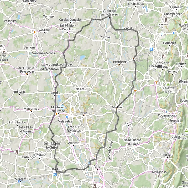 Miniatura della mappa di ispirazione al ciclismo "Percorso in bicicletta da Polliat: Jayat a Pirajoux" nella regione di Rhône-Alpes, France. Generata da Tarmacs.app, pianificatore di rotte ciclistiche