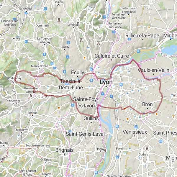 Zemljevid v pomanjšavi "Gravel kolesarska pot skozi Pollionnay in Craponne" kolesarske inspiracije v Rhône-Alpes, France. Generirano z načrtovalcem kolesarskih poti Tarmacs.app