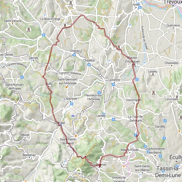 Map miniature of "Gravel Adventure to Château de Sain-Bel" cycling inspiration in Rhône-Alpes, France. Generated by Tarmacs.app cycling route planner