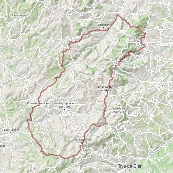 Miniatua del mapa de inspiración ciclista "Ruta de Grava por Col de la Fausse y Saint-Médard-en-Forez" en Rhône-Alpes, France. Generado por Tarmacs.app planificador de rutas ciclistas