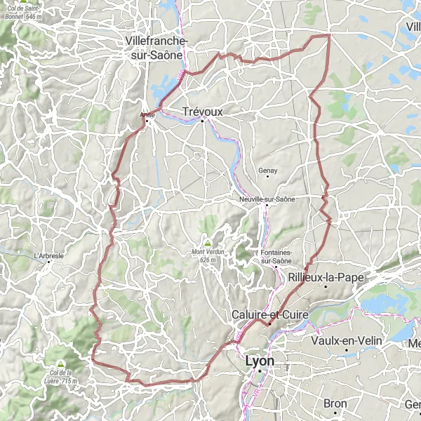 Zemljevid v pomanjšavi "Gravel Pot do Saint-Jean-de-Thurigneux" kolesarske inspiracije v Rhône-Alpes, France. Generirano z načrtovalcem kolesarskih poti Tarmacs.app