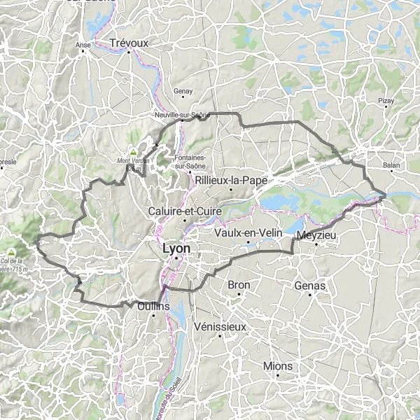 Miniatura della mappa di ispirazione al ciclismo "Giro in bicicletta Pollionnay - Montanay - Limonest" nella regione di Rhône-Alpes, France. Generata da Tarmacs.app, pianificatore di rotte ciclistiche