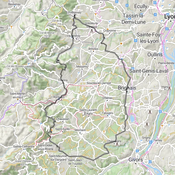 Miniaturní mapa "Okružní cesta s výjezdem u Pollionnay" inspirace pro cyklisty v oblasti Rhône-Alpes, France. Vytvořeno pomocí plánovače tras Tarmacs.app
