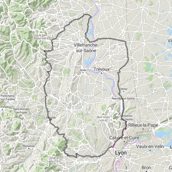 Miniatua del mapa de inspiración ciclista "Ruta de ciclismo de carretera con 1250m de ascenso y 115km de distancia" en Rhône-Alpes, France. Generado por Tarmacs.app planificador de rutas ciclistas