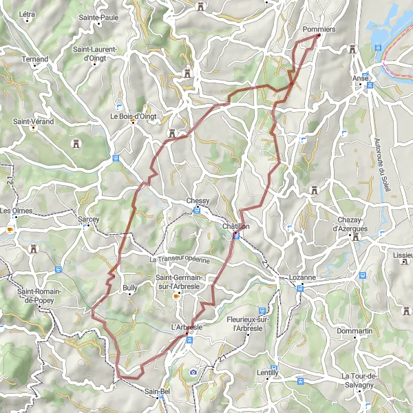 Miniature de la carte de l'inspiration cycliste "Les collines de l'Ouest lyonnais" dans la Rhône-Alpes, France. Générée par le planificateur d'itinéraire cycliste Tarmacs.app