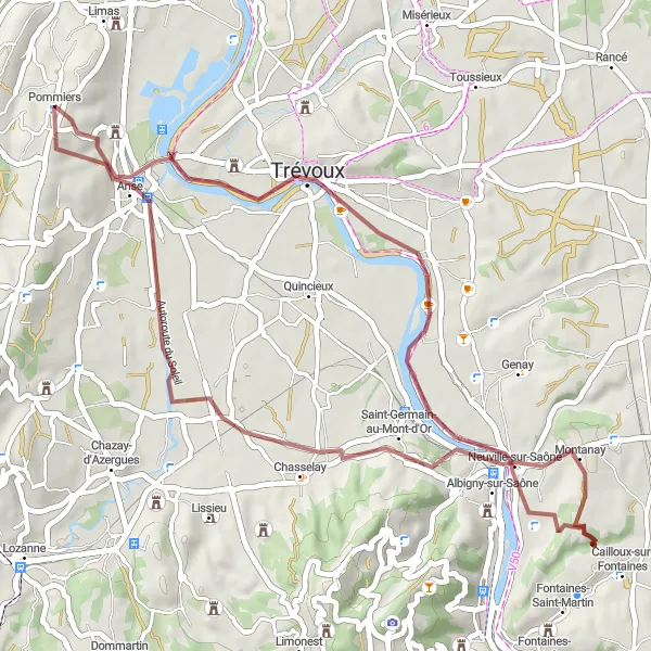 Miniature de la carte de l'inspiration cycliste "Boucle des Pierres Dorées" dans la Rhône-Alpes, France. Générée par le planificateur d'itinéraire cycliste Tarmacs.app