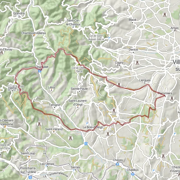 Miniature de la carte de l'inspiration cycliste "La boucle des montagnes du Beaujolais" dans la Rhône-Alpes, France. Générée par le planificateur d'itinéraire cycliste Tarmacs.app