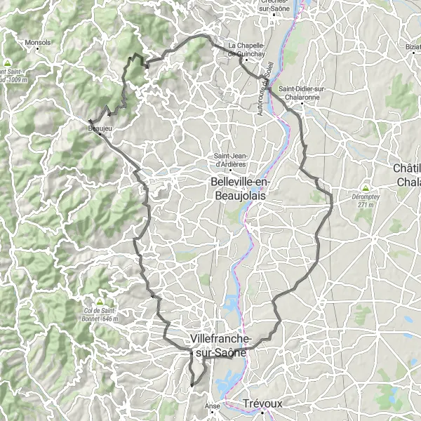 Miniature de la carte de l'inspiration cycliste "La route des vignobles du Beaujolais" dans la Rhône-Alpes, France. Générée par le planificateur d'itinéraire cycliste Tarmacs.app