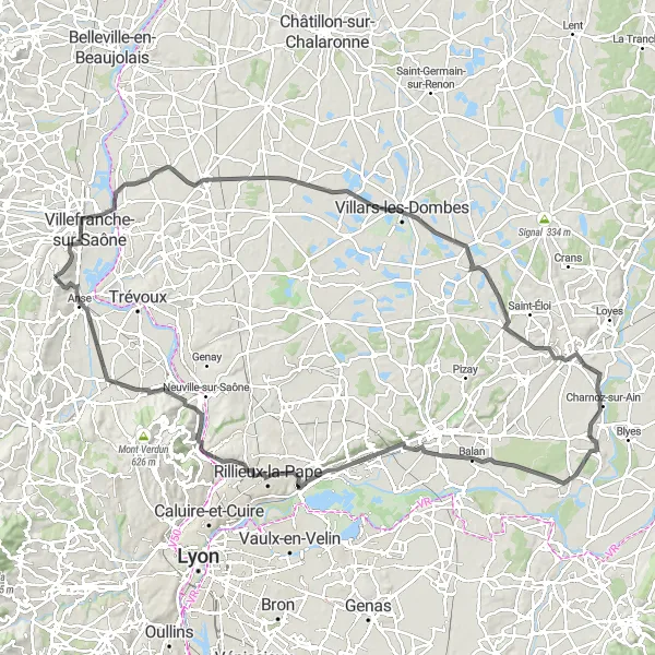 Miniature de la carte de l'inspiration cycliste "Tour de la Dombes" dans la Rhône-Alpes, France. Générée par le planificateur d'itinéraire cycliste Tarmacs.app