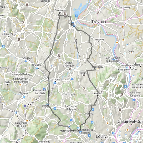 Miniature de la carte de l'inspiration cycliste "La boucle des monts d'Or" dans la Rhône-Alpes, France. Générée par le planificateur d'itinéraire cycliste Tarmacs.app