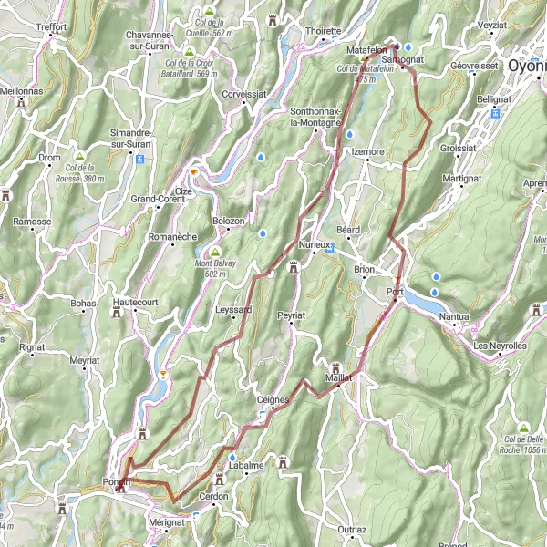 Map miniature of "Scenic Gravel Adventure Near Poncin" cycling inspiration in Rhône-Alpes, France. Generated by Tarmacs.app cycling route planner