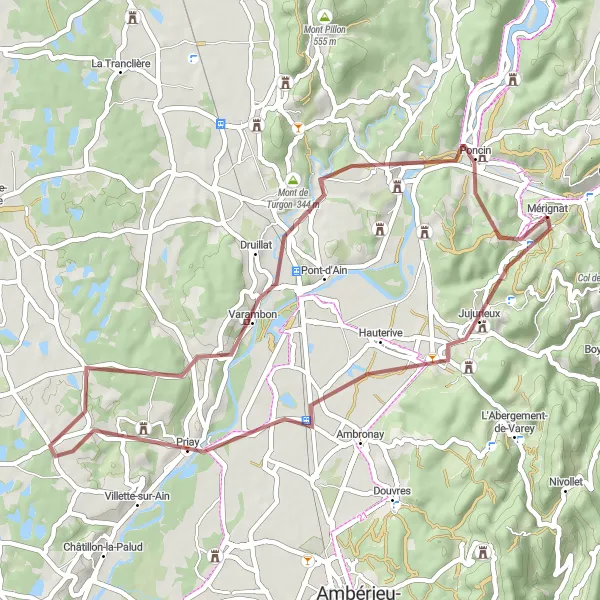 Miniatua del mapa de inspiración ciclista "Ruta de Grava hacia Priay" en Rhône-Alpes, France. Generado por Tarmacs.app planificador de rutas ciclistas