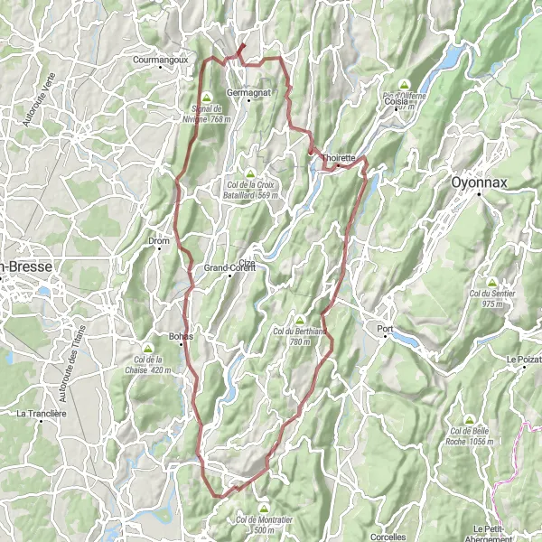Miniatura mapy "Trasa gravelowa przez Mérignat i Col de la Rousse" - trasy rowerowej w Rhône-Alpes, France. Wygenerowane przez planer tras rowerowych Tarmacs.app