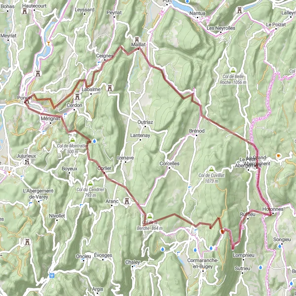 Map miniature of "Explore the Gravel Trails of Poncin" cycling inspiration in Rhône-Alpes, France. Generated by Tarmacs.app cycling route planner