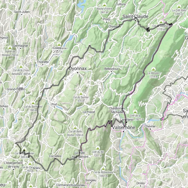 Miniatura della mappa di ispirazione al ciclismo "Giro in bicicletta attraverso Poncin: Road Cycling Adventure" nella regione di Rhône-Alpes, France. Generata da Tarmacs.app, pianificatore di rotte ciclistiche