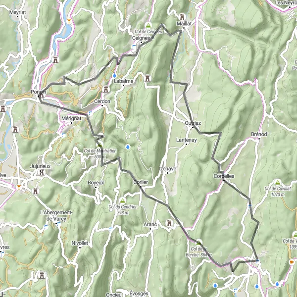 Mapa miniatúra "Cestná cyklotúra cez Ceignes, Outriaz a Hauteville-Lompnes" cyklistická inšpirácia v Rhône-Alpes, France. Vygenerované cyklistickým plánovačom trás Tarmacs.app