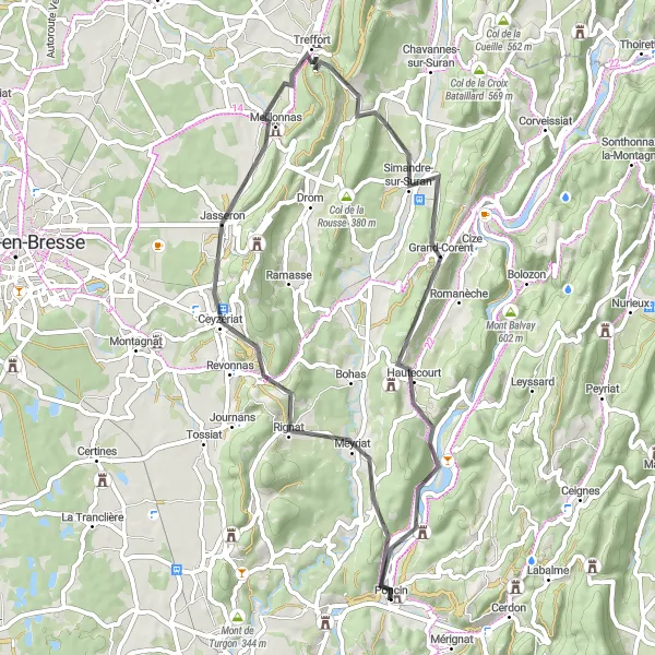 Miniatura della mappa di ispirazione al ciclismo "Circuito Collinare di Poncin" nella regione di Rhône-Alpes, France. Generata da Tarmacs.app, pianificatore di rotte ciclistiche
