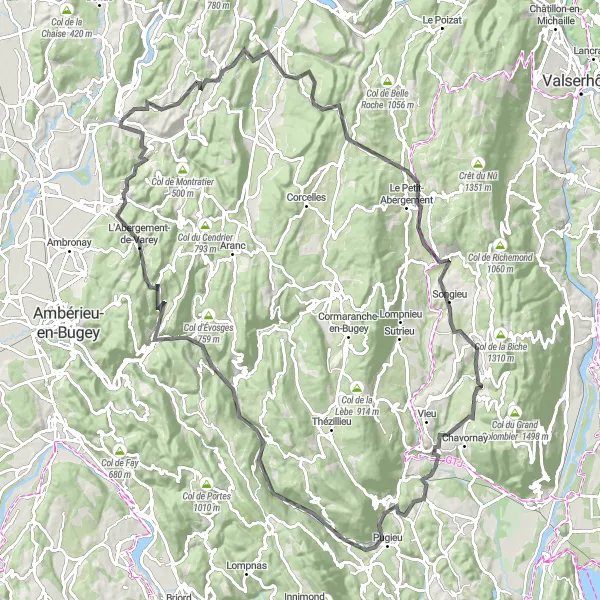 Zemljevid v pomanjšavi "Velika kolesarska avantura okoli Poncina" kolesarske inspiracije v Rhône-Alpes, France. Generirano z načrtovalcem kolesarskih poti Tarmacs.app